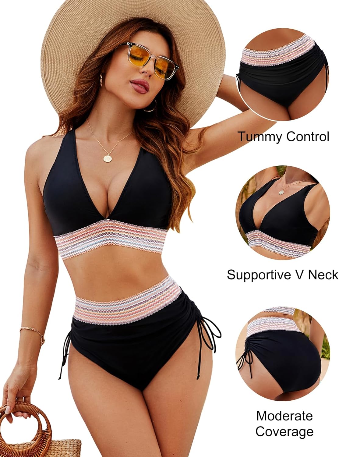 Glamavenu High Waisted Tummy Control Color Block Bikini Sets