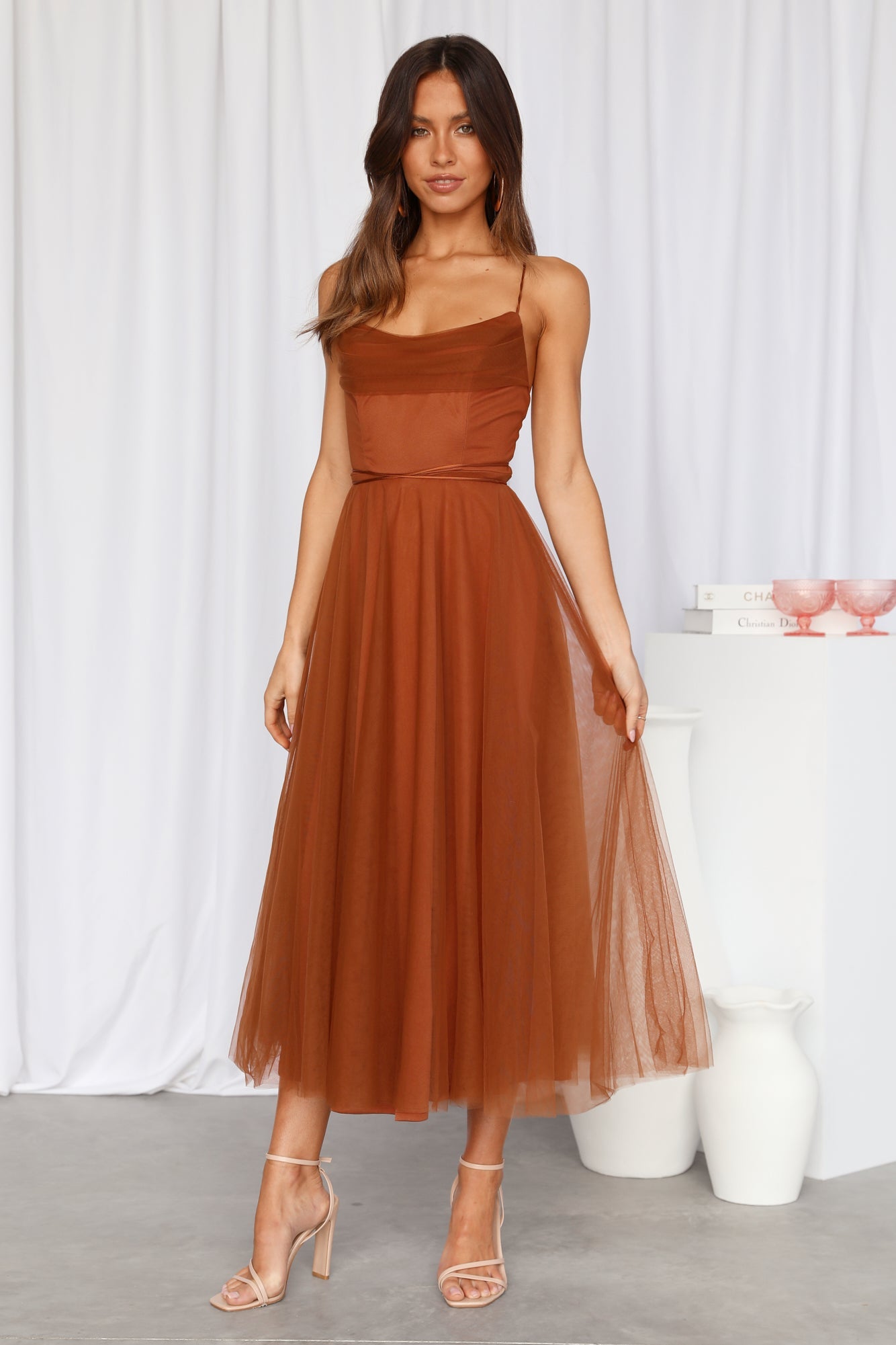 Signal My Way Tulle Midi Dress Chocolate