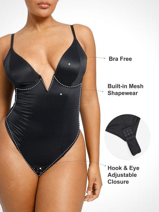 Deep V-Neck Shapewear Thong Bodysuit