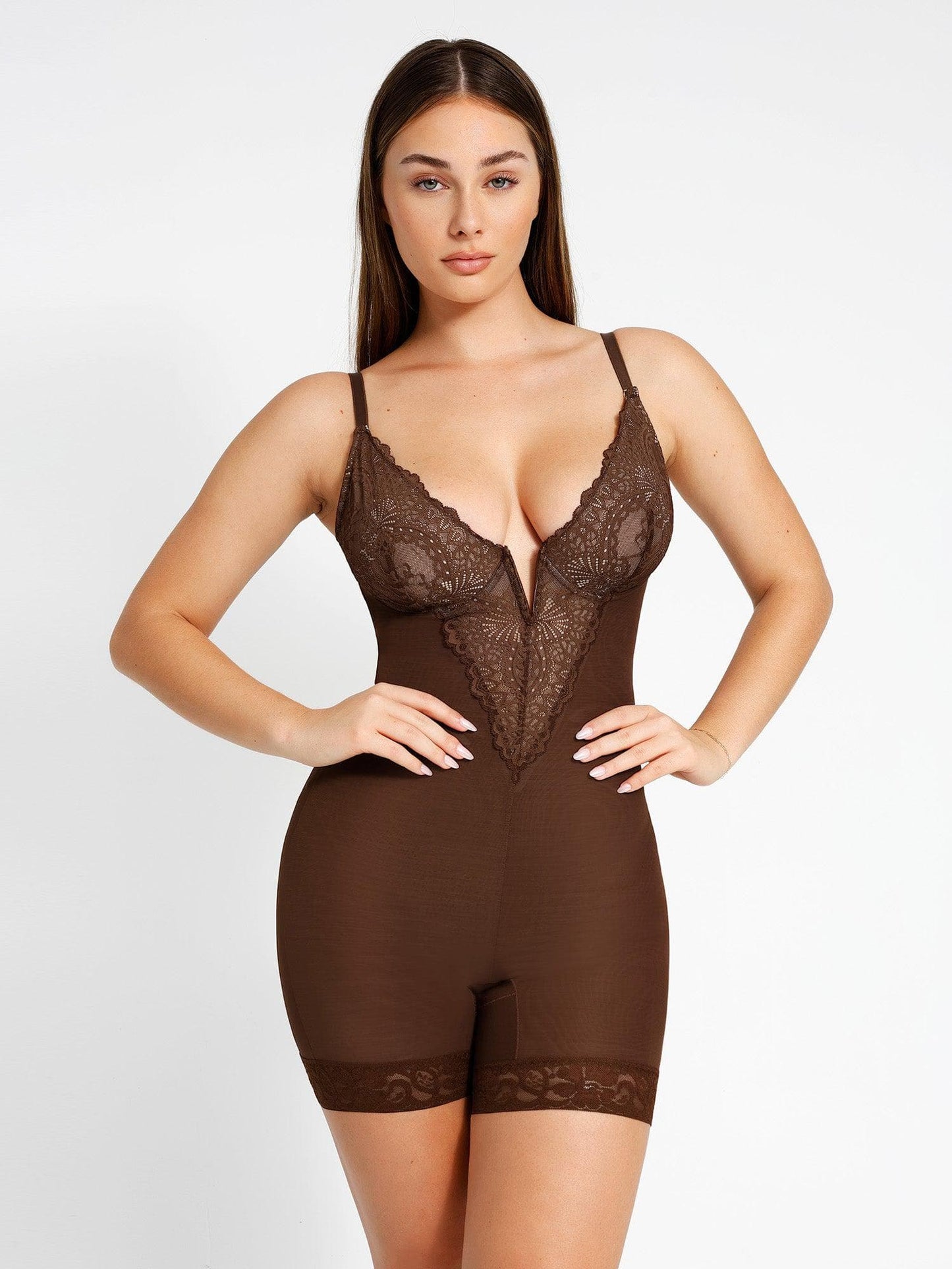 Lace Deep-V Neck Shorts Bodysuit